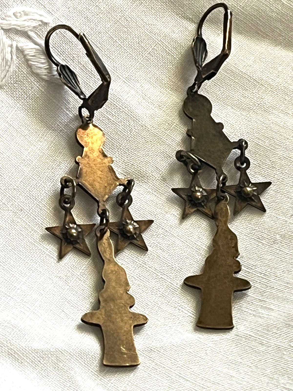 Bronze-Toned Antique-Style Chandelier Dangle Earrings, Stars, Rabbit in Hat 2.5″