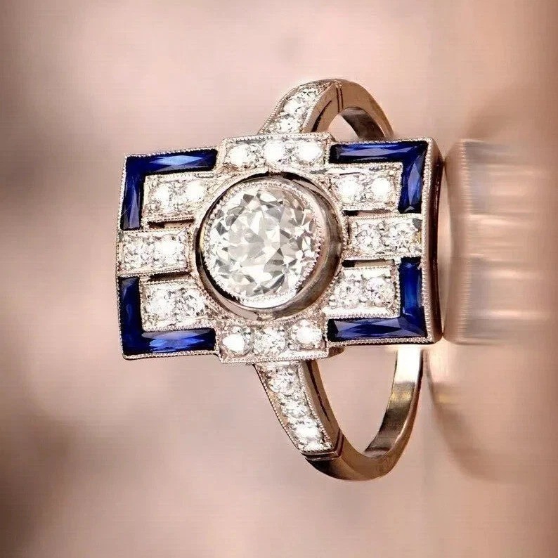 Art Deco Style Lab Created Diamond Cocktail Wedding 14K White Gold Finish Ring