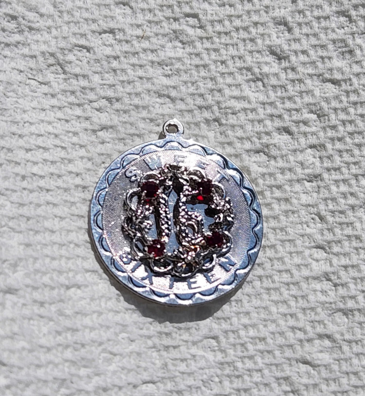 LARGE SWEET 16 SIXTEEN BIRTHDAY SPENCER STERLING ROUND CHARM – RED RHINESTONES
