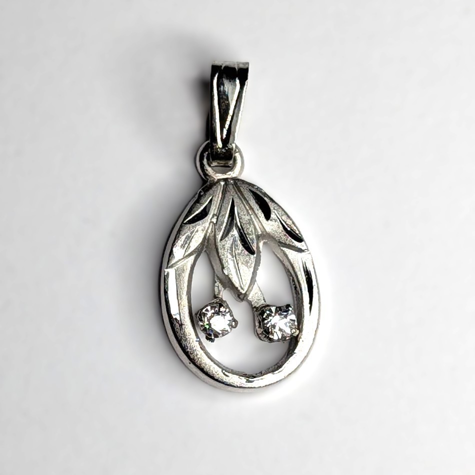 Vintage Etched Sterling CZ Pendant Oval Cherries Leaf Signed JF Small .75″ USA