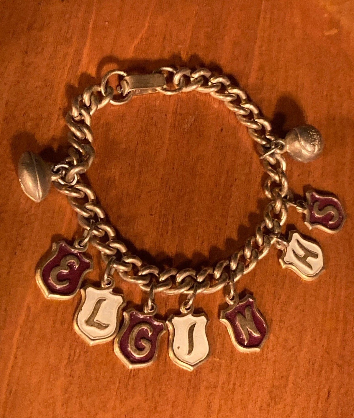Vintage Elgin High School Charm Bracelet Maroon/White Enamel Football Basketball