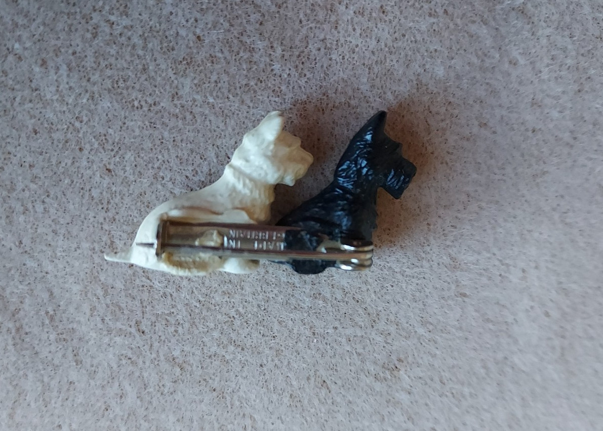 Scottie Dog Pin Black & White Celluloid Great Britain Signed 2 Dogs Vintage