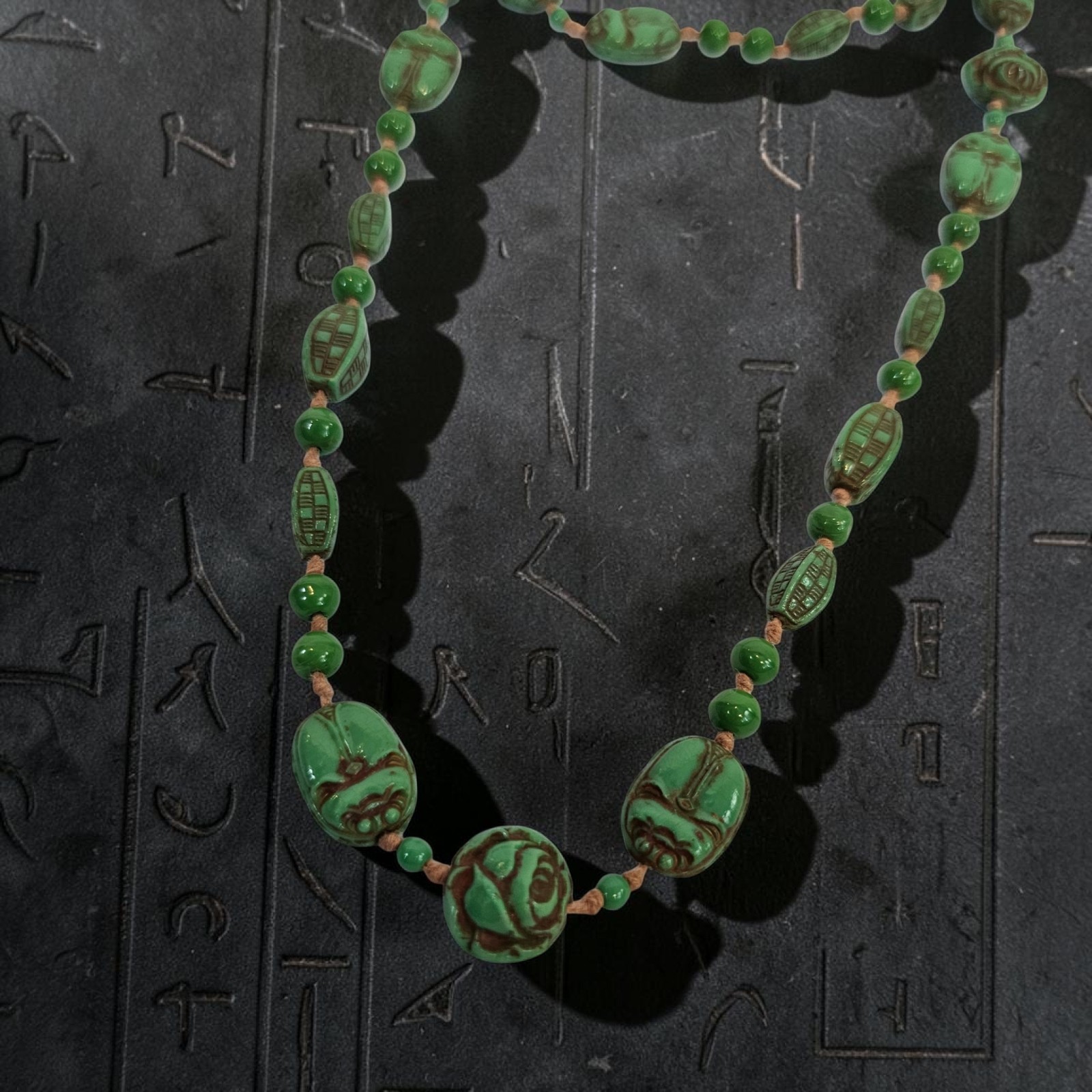 Antique Neiger Brothers 1920s Art Deco Egyptian Revival Czech Scarab Necklace