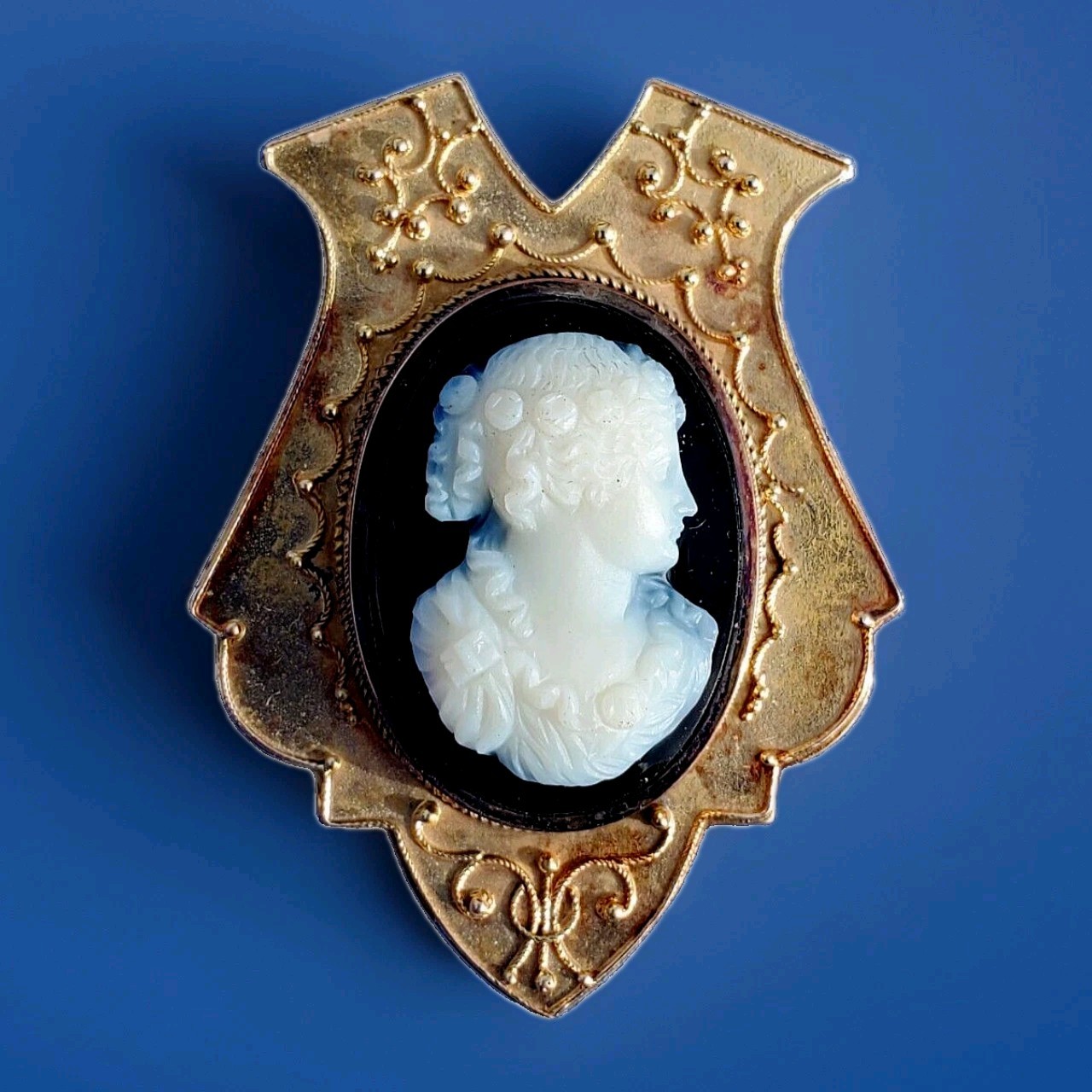 Victorian Memory Locket Brooch Antique 14K GOLD Deco HardStone Onyx Cameo Broach