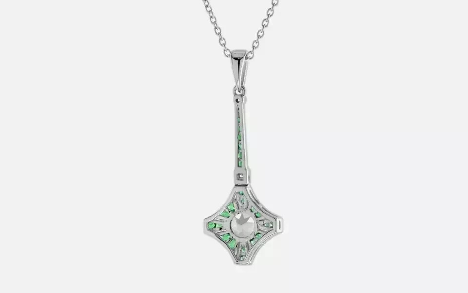 Art Deco Style Round Lab Created Diamond & Emerald Pendant 14k White Gold Finish