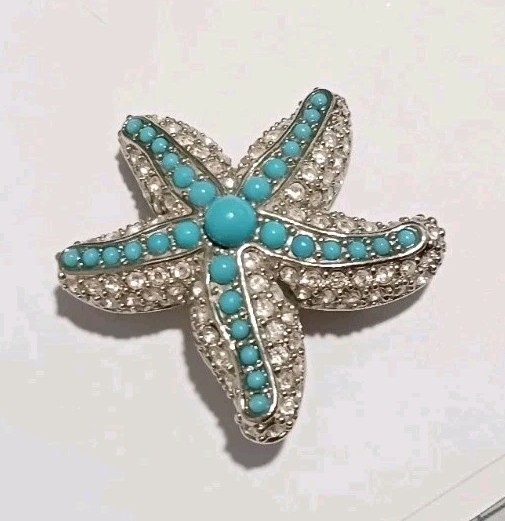 VINTAGE FAUX ART DECO SILVER TURQUOISE & CHRYSTAL PENDANT OR BROOCH BEACH VIBES