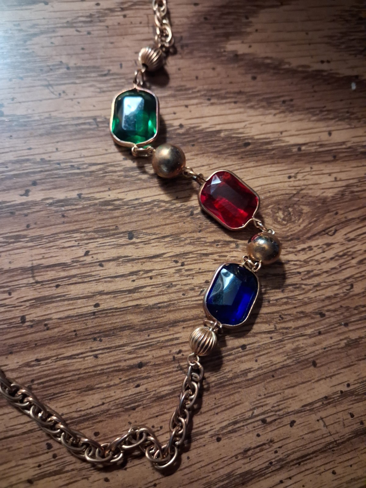 Vintage Multicolor Rectangular Glass Bezel Set Station Necklace Gold Tone 32″