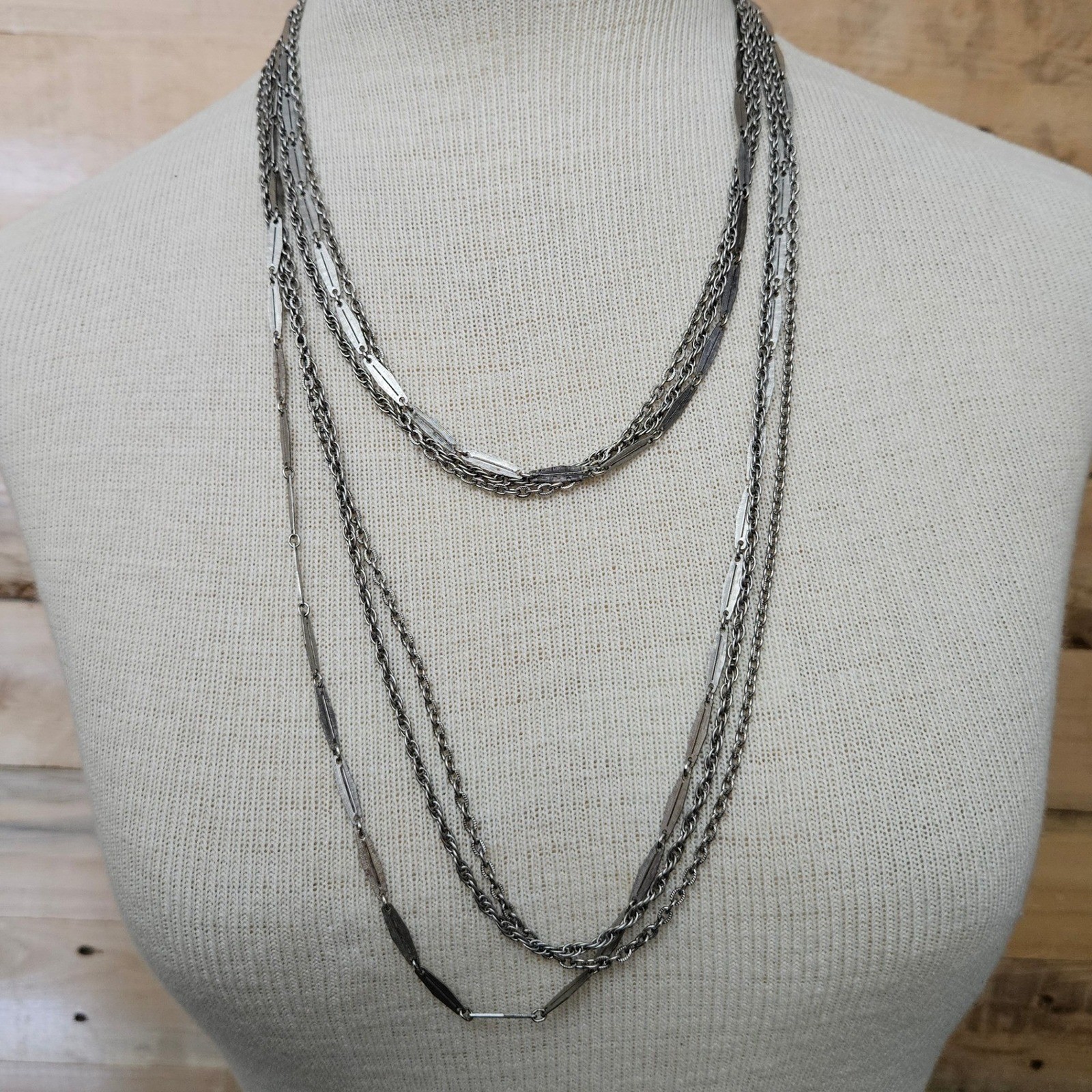 Vintage Silver Tone Multi Strand Layered Chain Necklace 50 Inch Long Bar Link