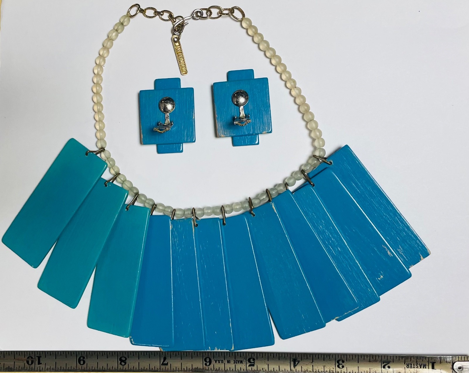 Vintage 1980s Bright Neon Bib Wood Necklace and earrings set Marked