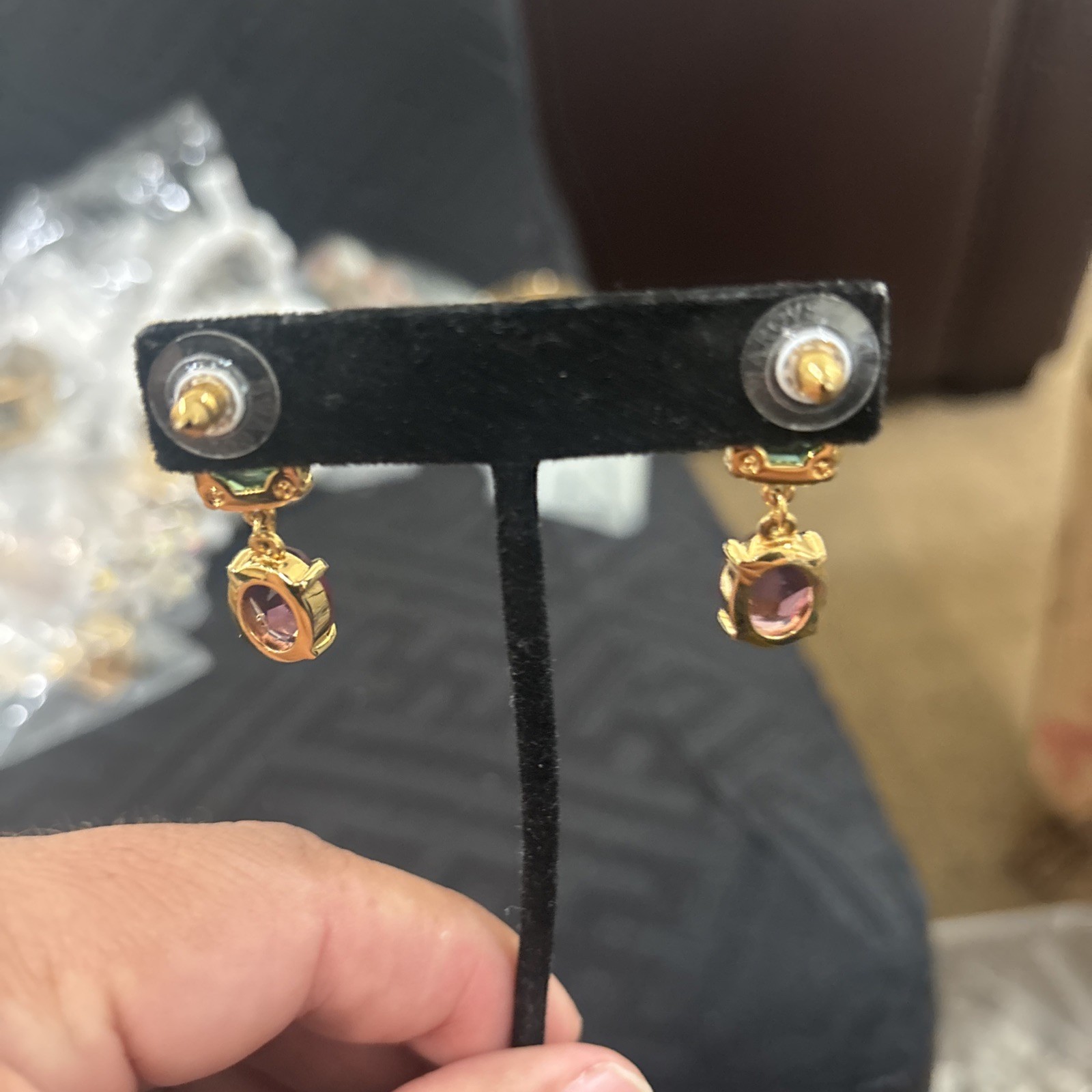 Swarovski Pierced Earrings Green & Purple Crystals Signed Dangle Fantastic