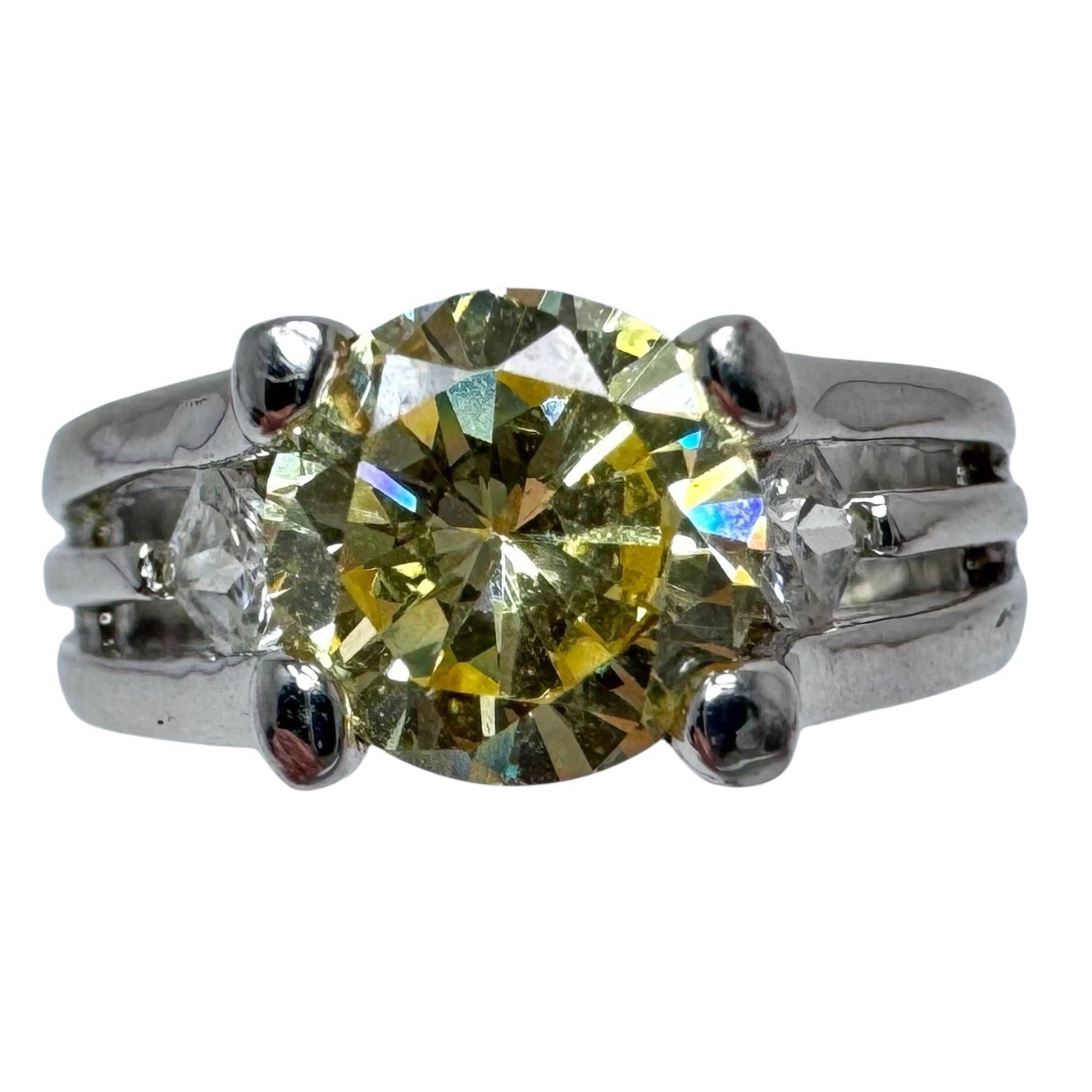 Vtg Silver Tone Yellow Round Crystal Solitaire Ring Clear Side Rhinestones 8.25