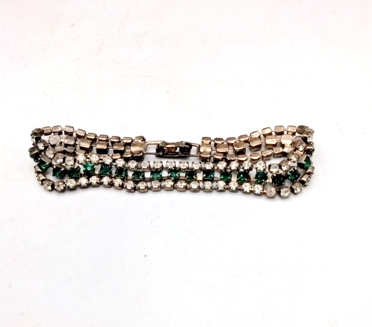Vintage Emerald Green Rhinestone Bracelet Silver Tone Art Deco Tennis Glass 6.5″