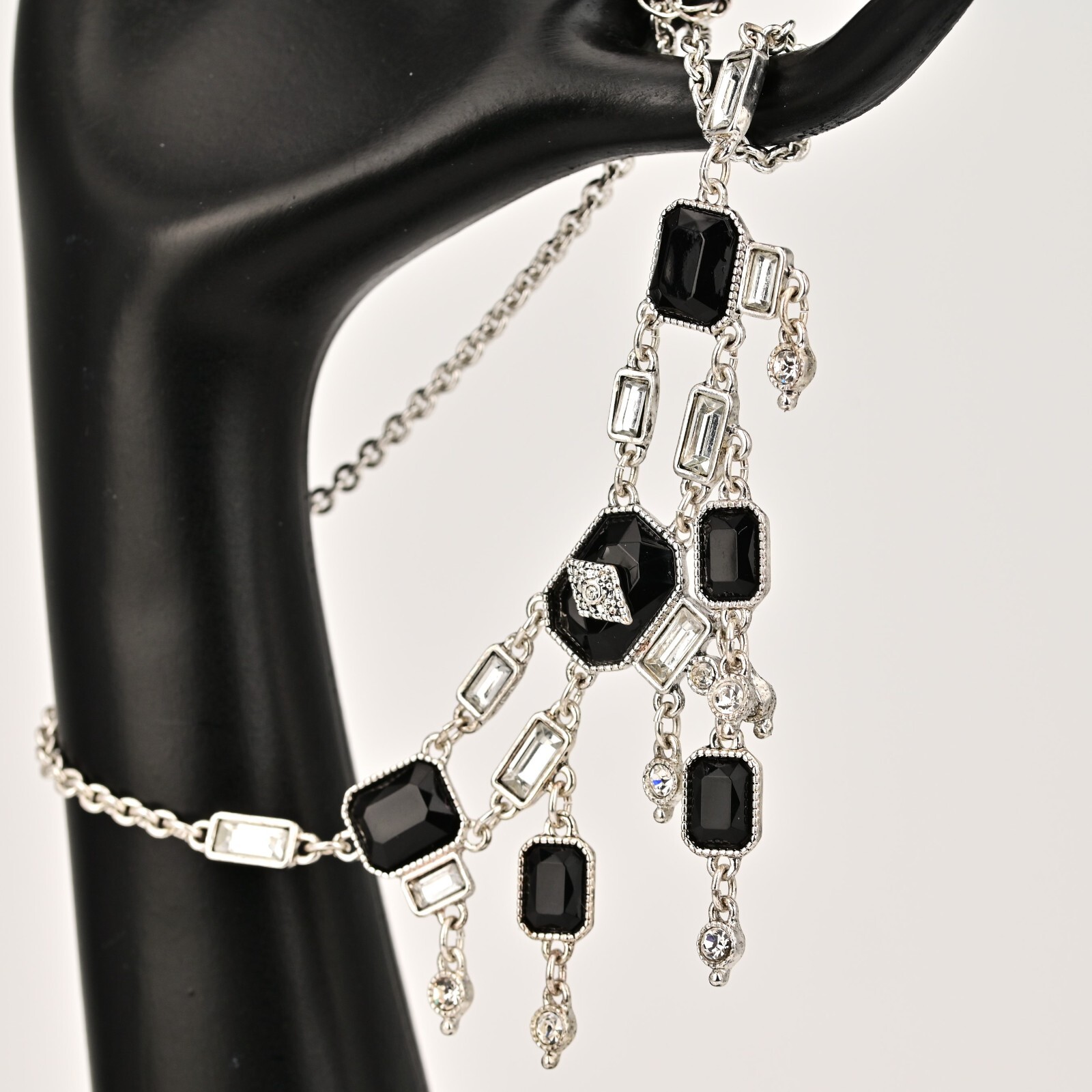 Original Vintage Designer Silver Onyx Zirconia Rhinestone Gemstone Necklace