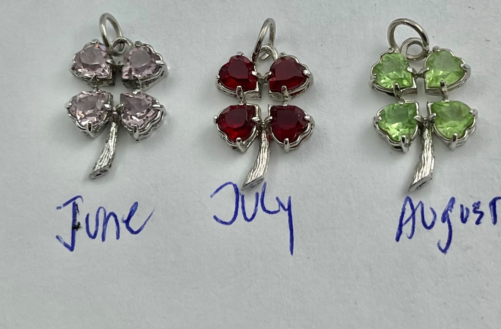 Vintage Mid Century Sterling Silver Rhinestone Birthday Clover Charms Pendants