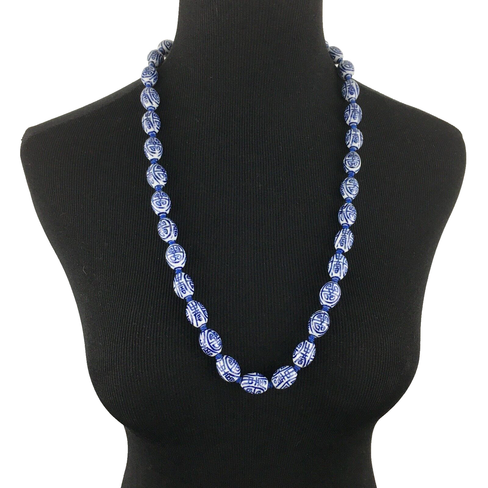 CHINESE porcelain necklace – blue & white barrel beads shou symbol 29″ knotted