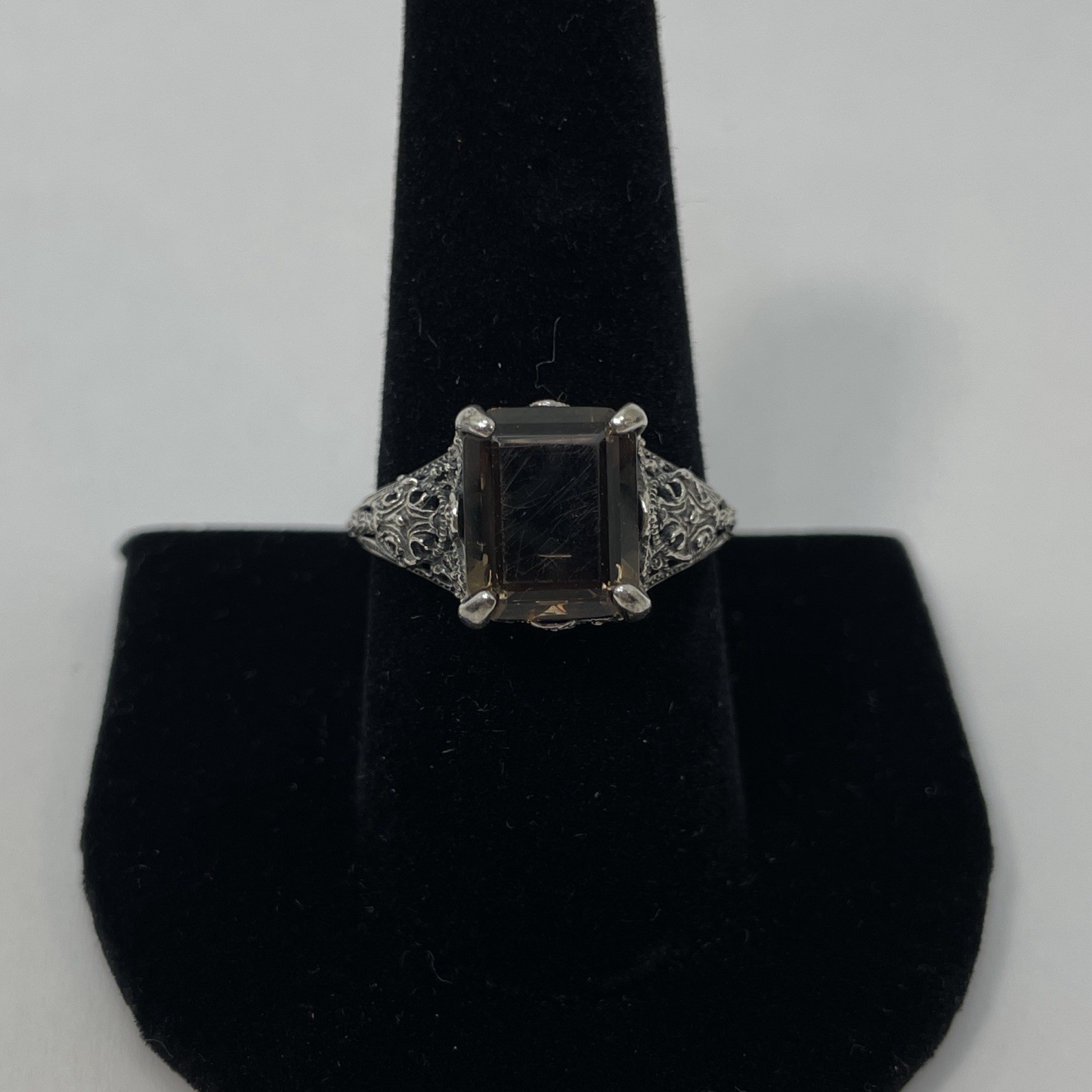 Estate Ring Smokey Gray Quartz Sterling Silver Sz 9.5 Baguette Art Nouveau Style
