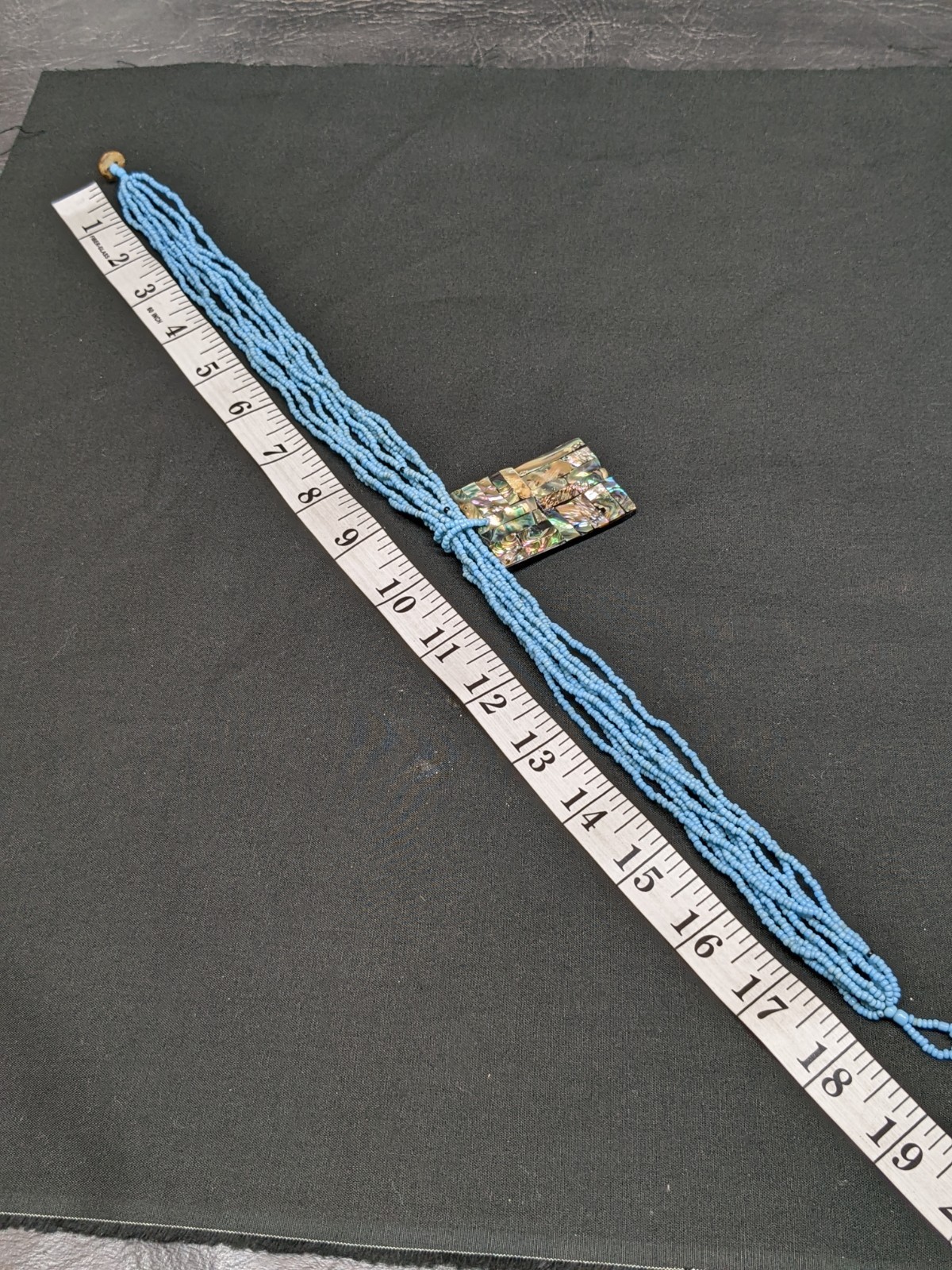 Vintage Blue Seed Bead Necklace Abalone Shell Mosaic Pendant MOP Statement 18″
