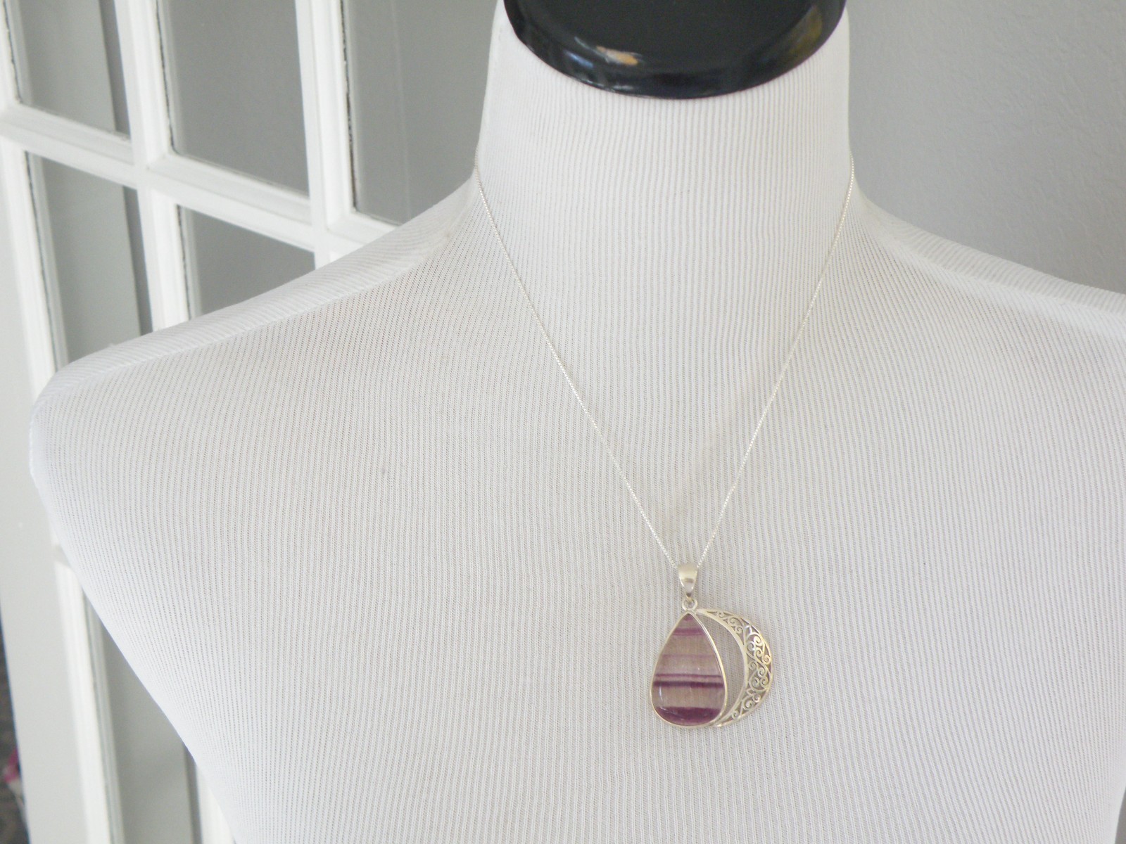 Large Sterling Silver 925 Fluorite Crescent Moon Pendant Necklace