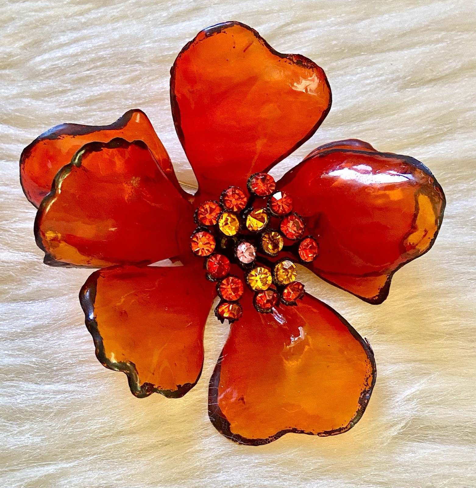 Vintage Cellulose Acetate Flower Brooch Large MCM Red Pink Orange Rhinestone Pin