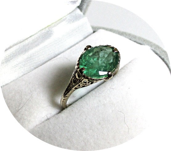 EMERALD Ring- Natural – Art Deco 14k Yellow Gold Filigree Mtg. – Certifcate..