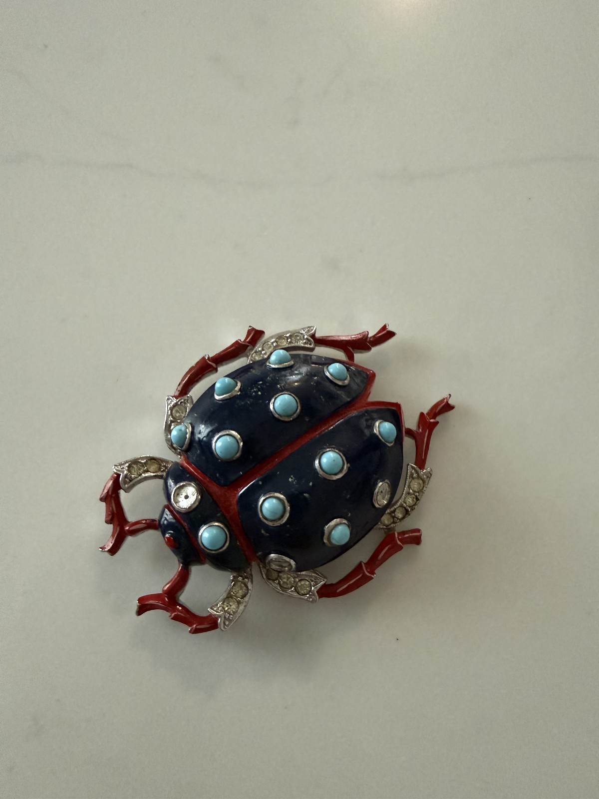 Trifari ‘Alfred Philippe’ Pave Navy Enamel/Turquoise Cabochons Ladybug Pin Clip
