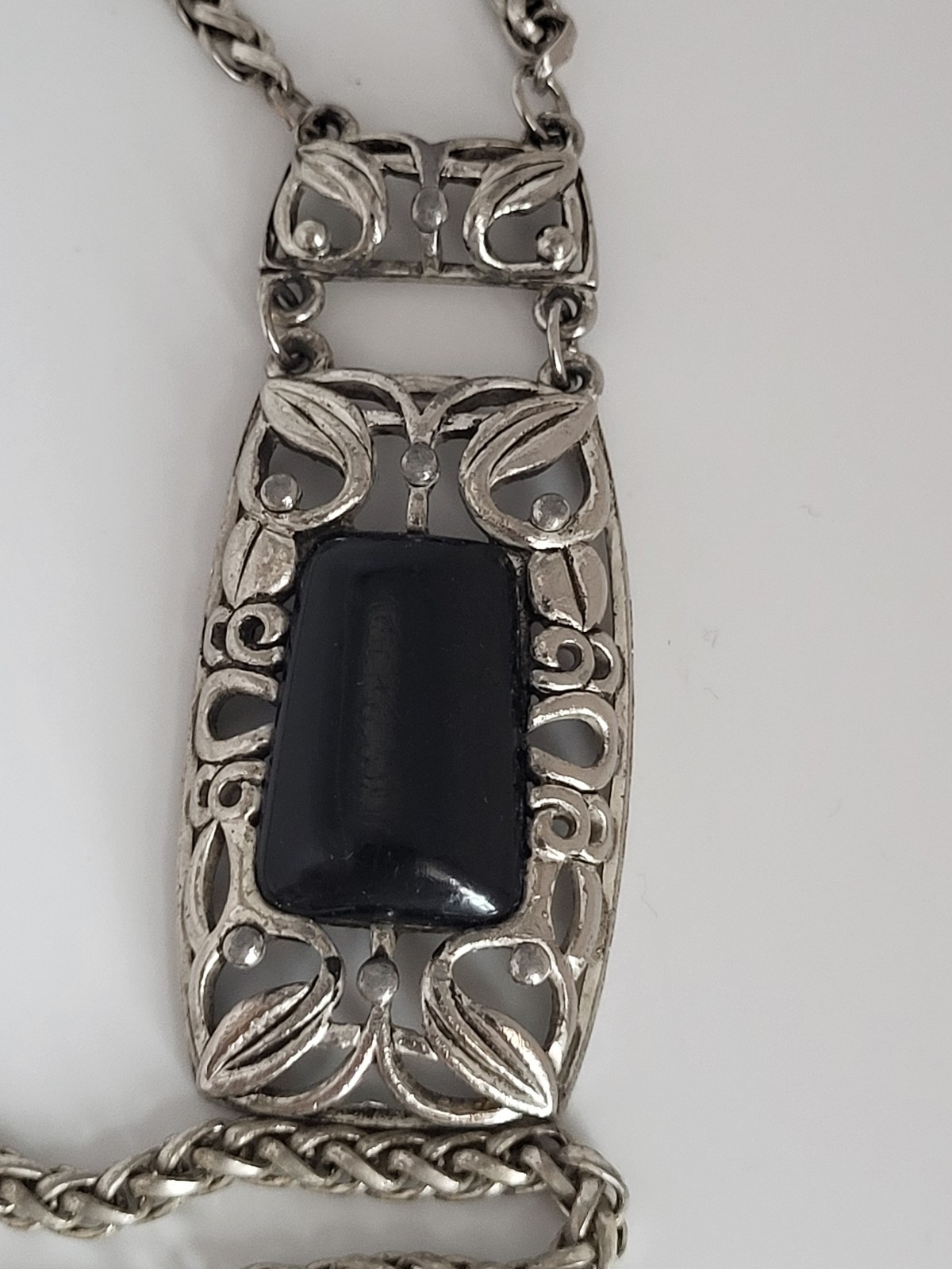 Vintage Wheat Chain Filigree Rectangle 2.5″ Pendant Resin Stone 15″