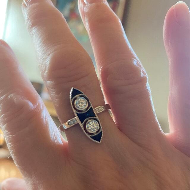 Two Round Moissanite & Fancy Blue Unique Long Finger Estate Ring 10K Rose Gold