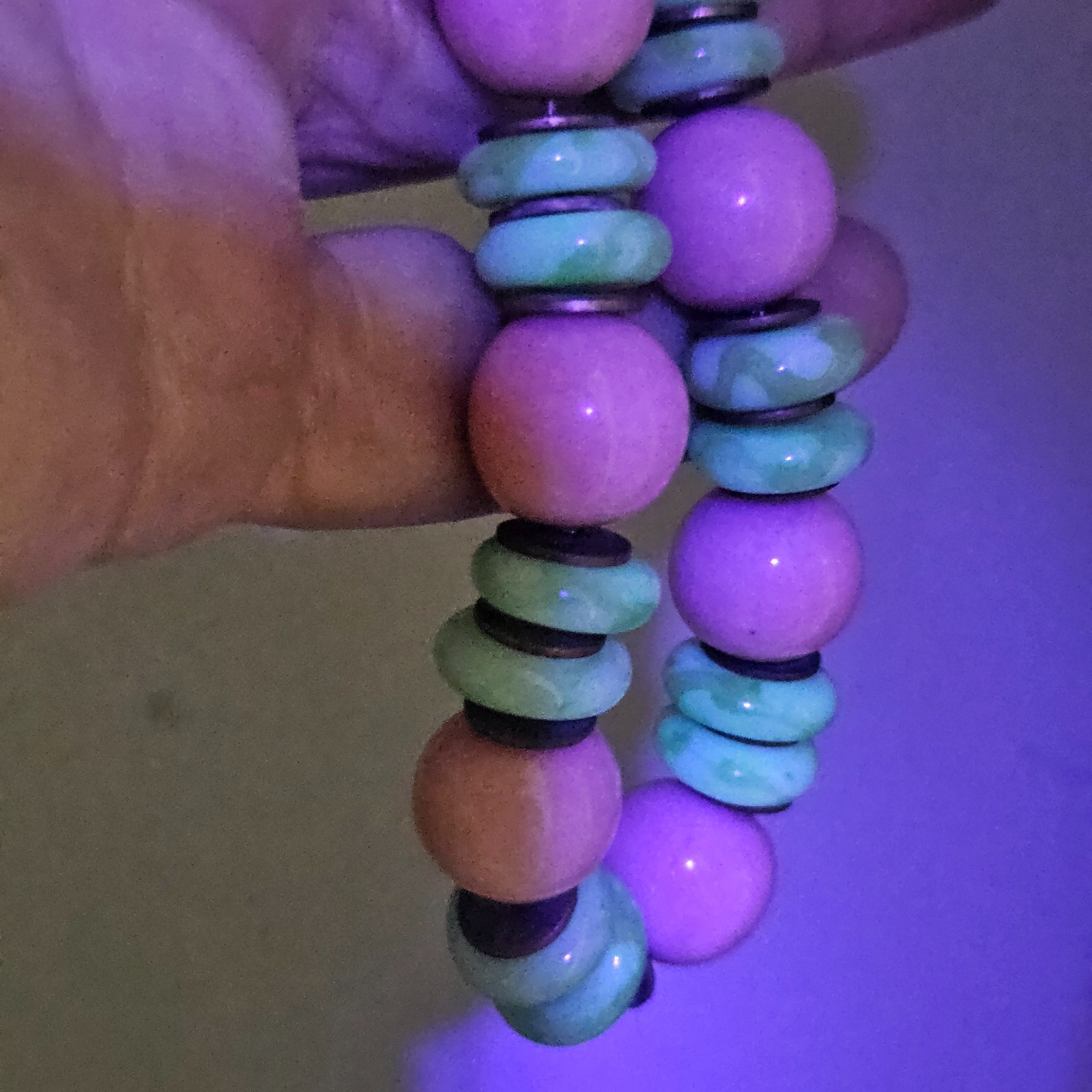 Confirmed ROUSSELET Peach & UV Marbled Green w Brass Discs Glass Bead Necklace