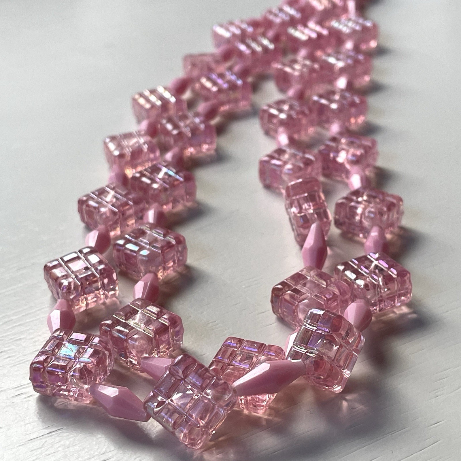 Vintage Austria pink acrylic/lucite double strand statement necklace quilted
