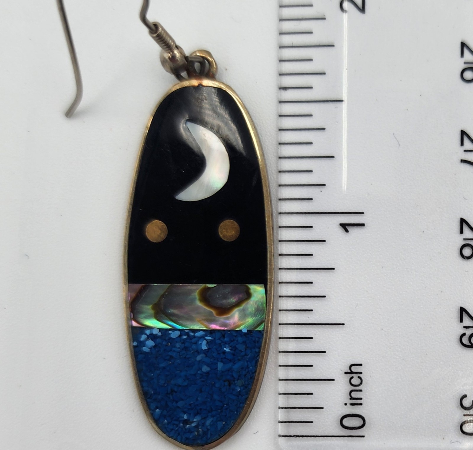Vintage Pierced Drop Earrings Alpaca Silver Handmade Stone Abalone Inlay Moon