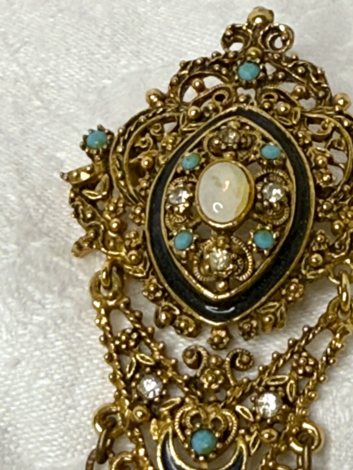 Vintage Florenza Filigree Brooch • Gold-Tone Fringe • Turquoise/Opalette