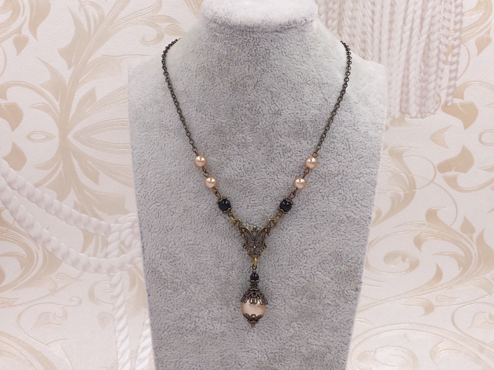 Art Nouveau Necklace Champagne Gold Crystal Pearl Black Bead Victorian Jewelry