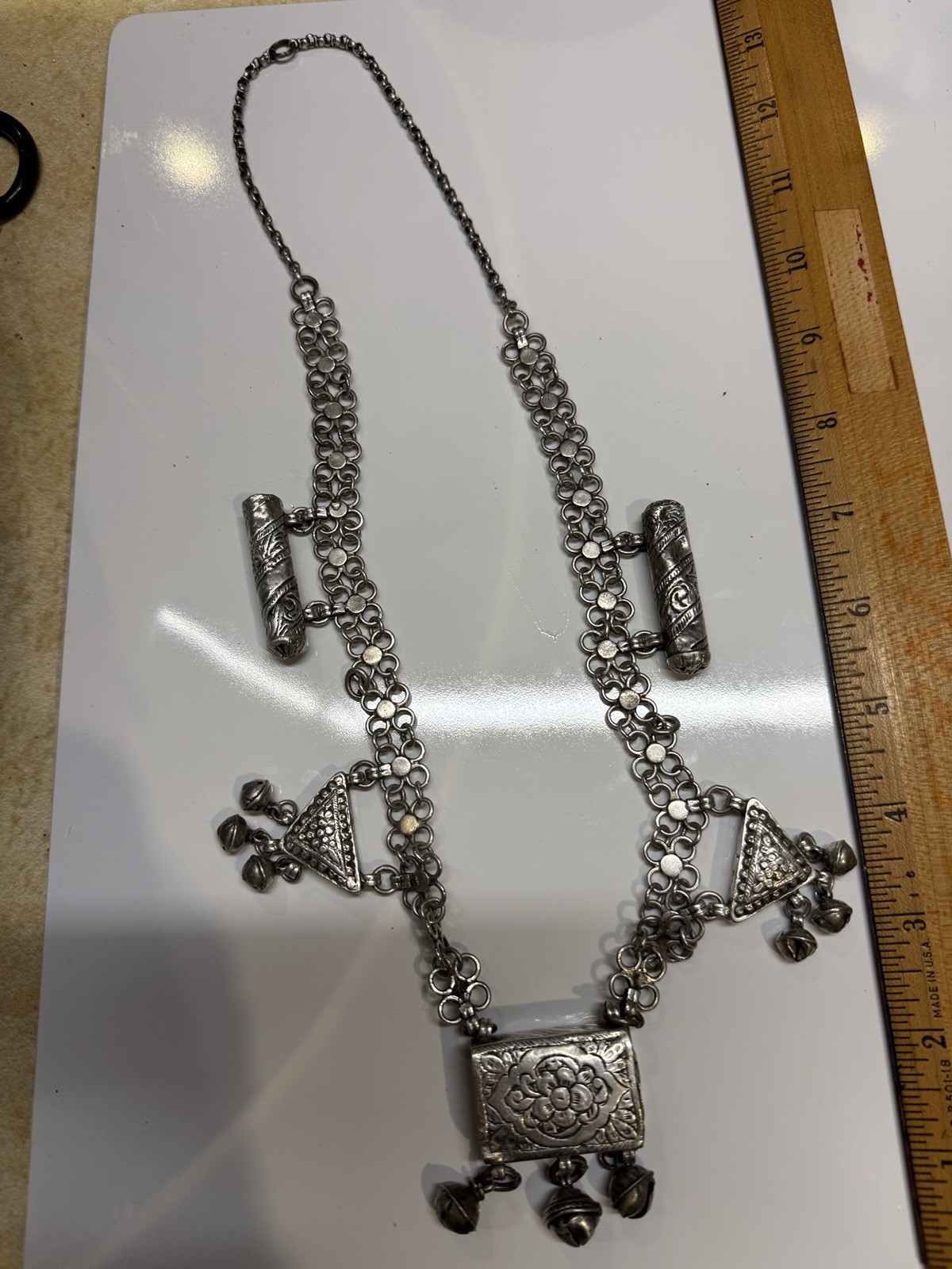 Antique silver alloy necklace, charms, 92gr. From Middle East. Mid-Century.