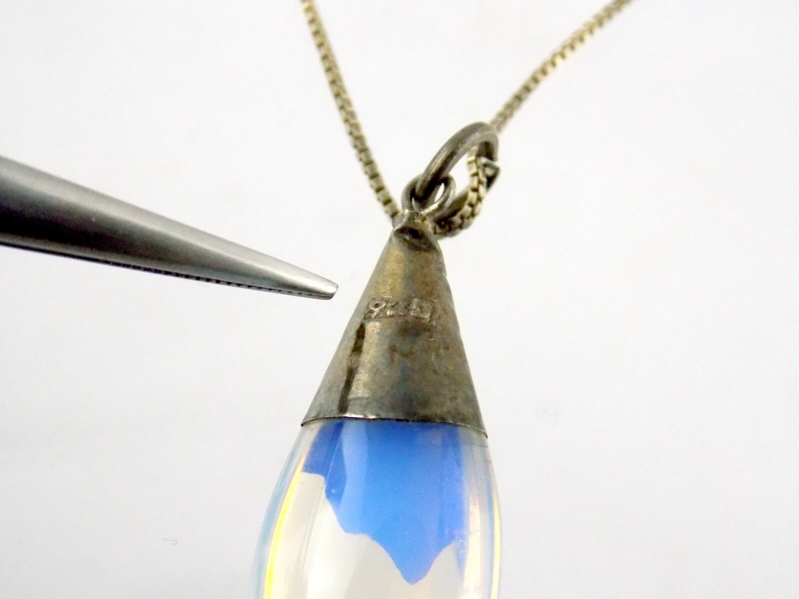 Sterling Silver Opaline Glass Pendant Necklace Box Chain 925 5.3G 17.75 Inches