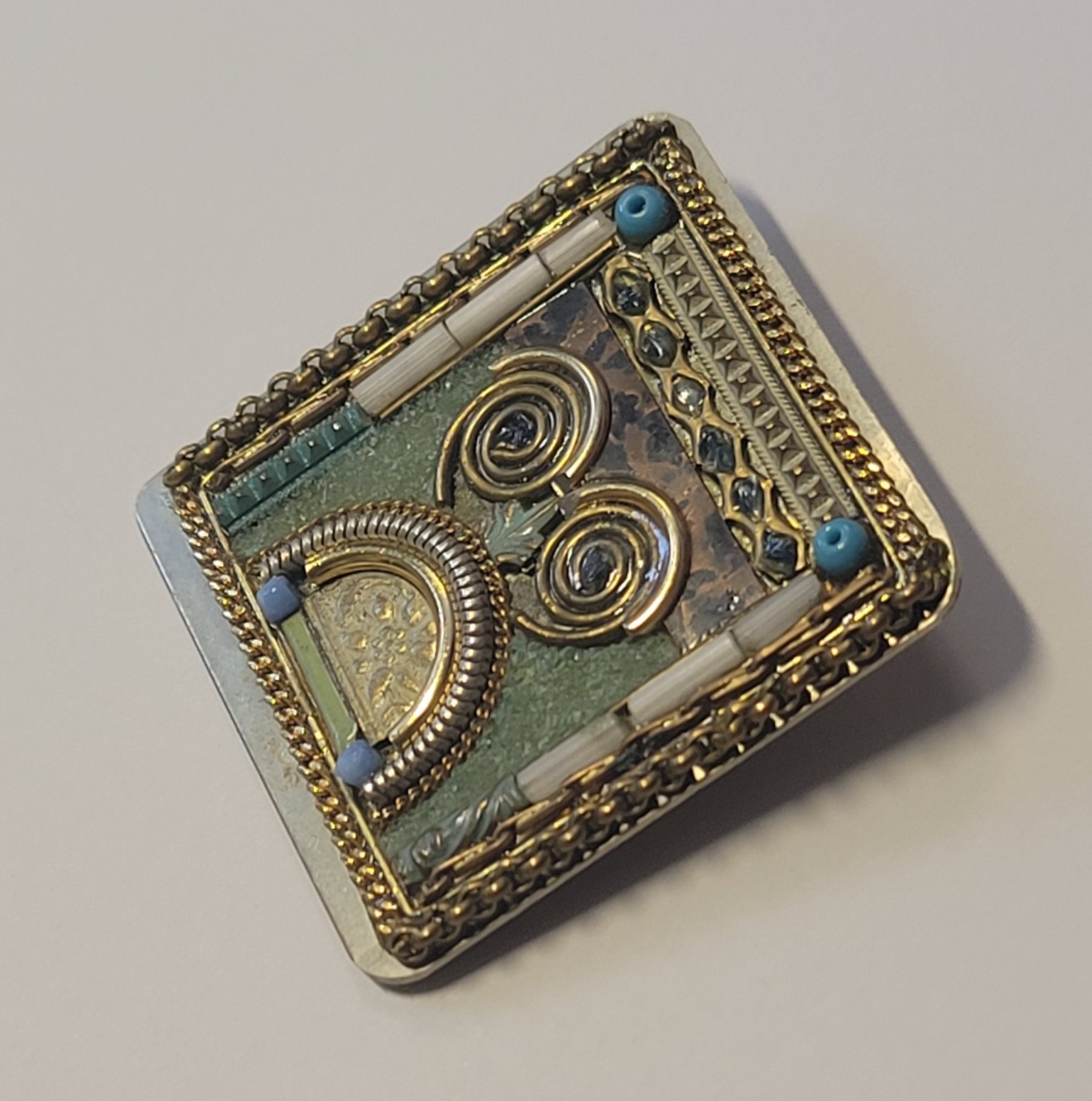 Abstract Wire Art Owl On Handcrafted Beaded Mixed Media Square Brooch Vintage