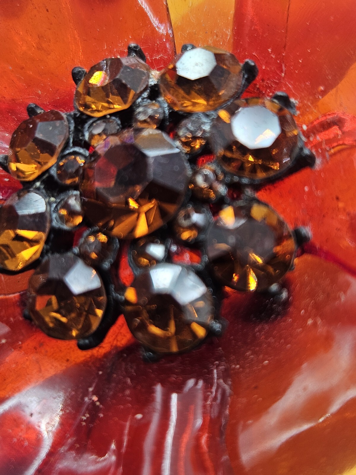 Vintage Orange Lucite Acetate Acrylic Topaz Rhinestone Flower Brooch Pin