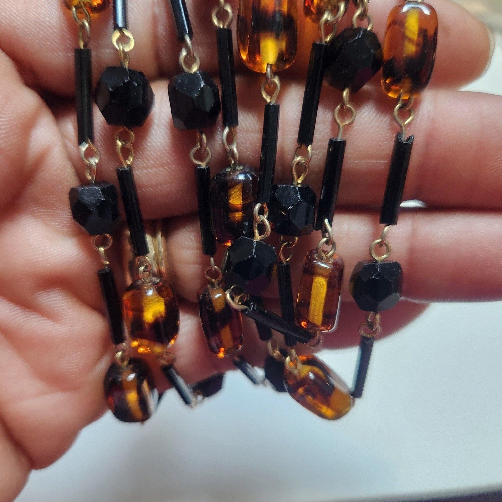 Glass Beaded Long Station Necklace Gold Tone 25in