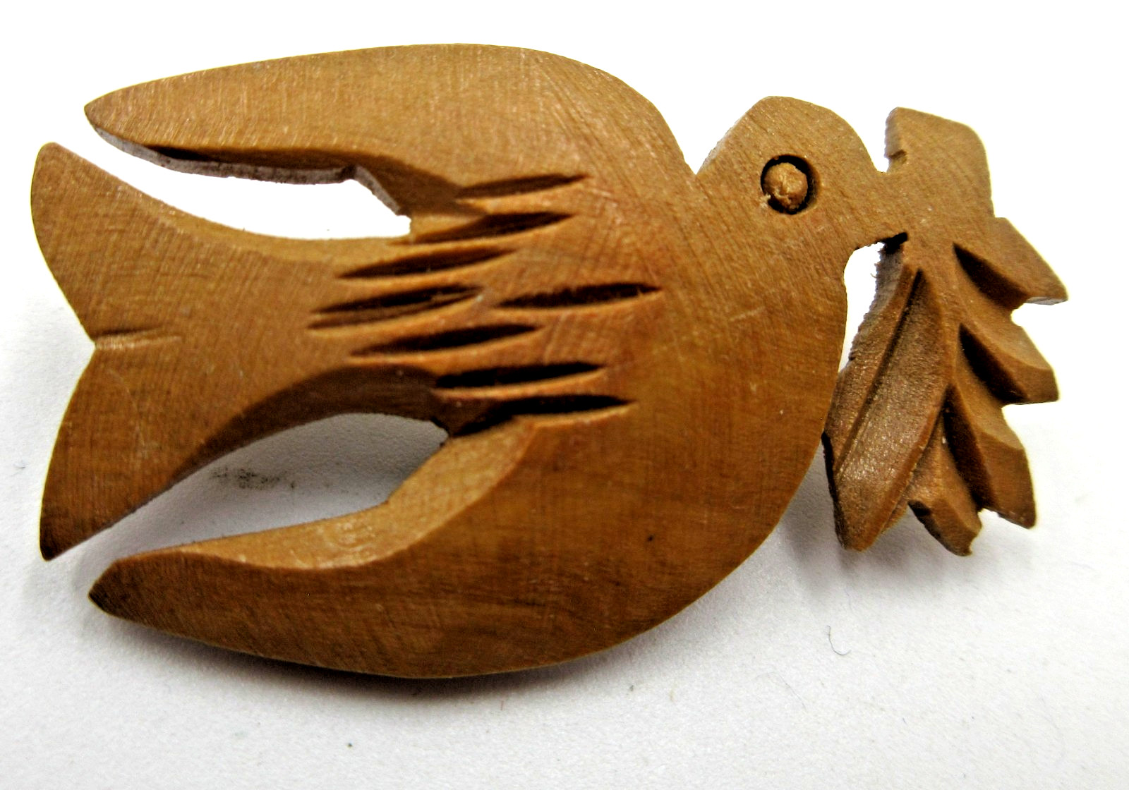 VTG 1 5/8 BROWN WOODEN WOOD CARVED BIRD tree branch Brooch silver tone metal pin