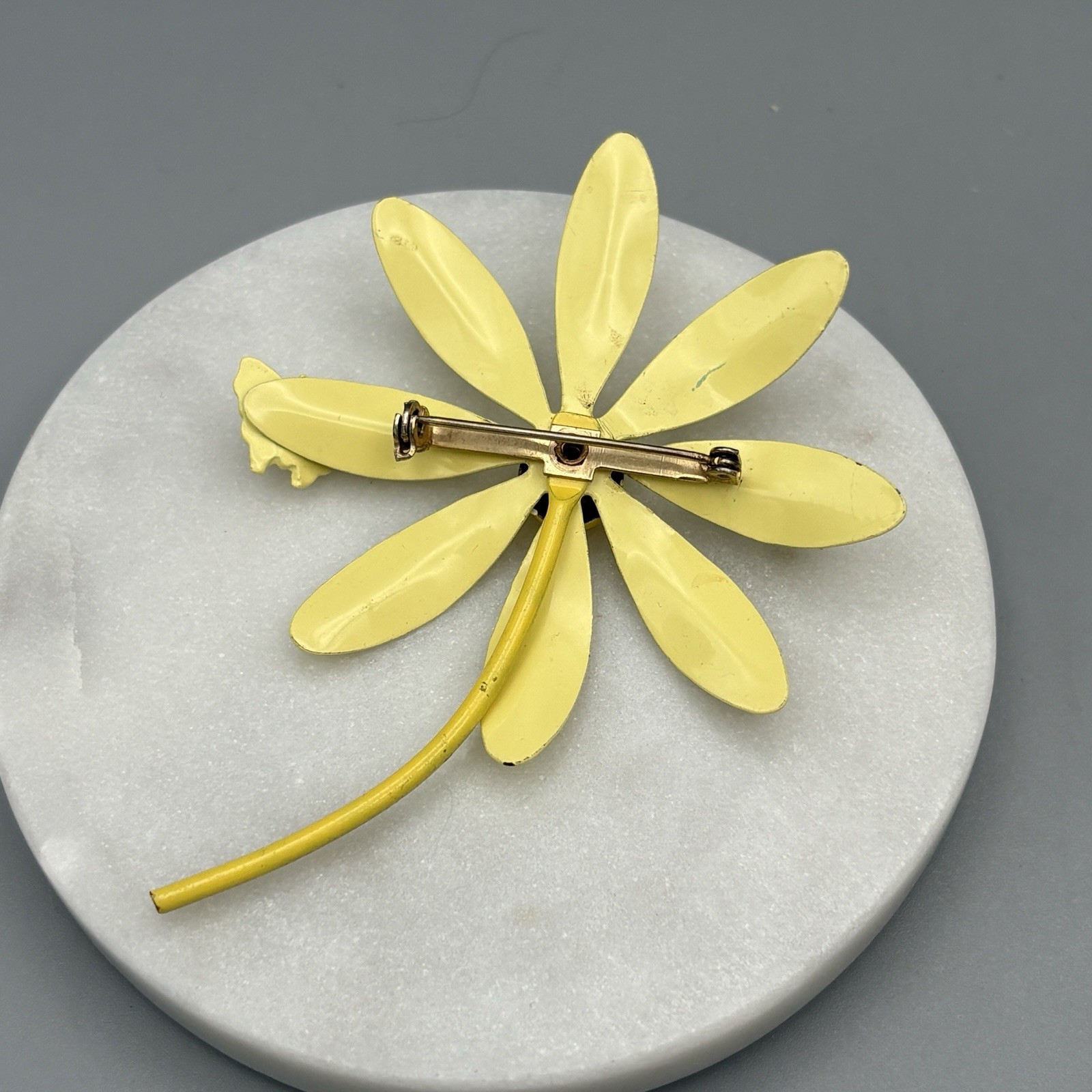 Vintage Enamel Flower Brooch with Butterfly Cheery Yellow Statement PIn