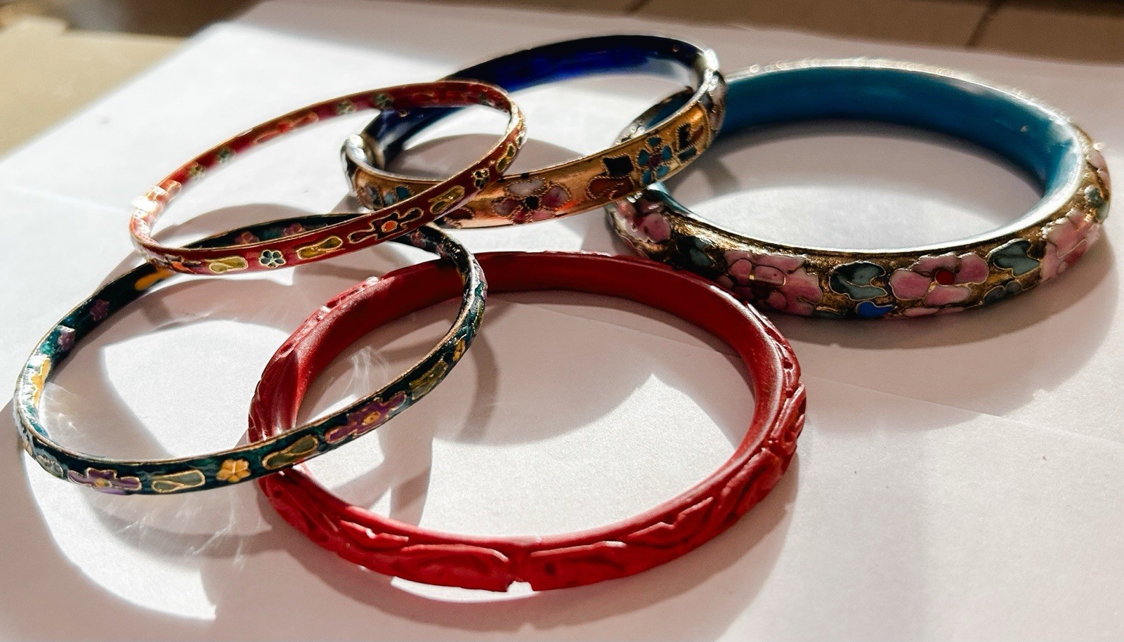 Lot of 5 Vintage Floral Enamel Cloisonné Asian Bangle Bracelets