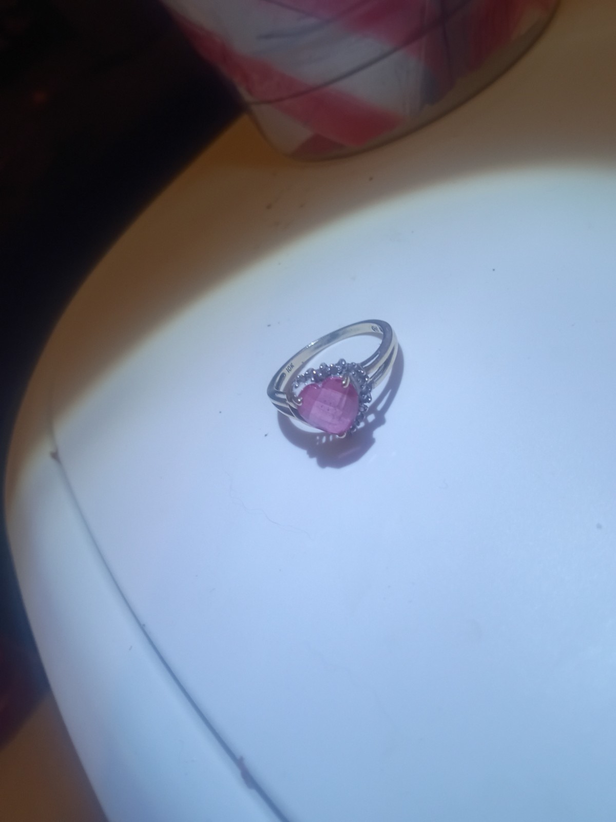 10kt vintage heart ring with diamonds and colorful gemstone size 7