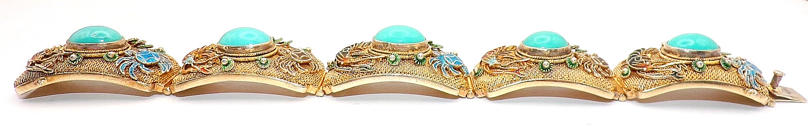 GORGEOUS CHINESE STERLING SILVER 5 Link FILIGREE ENAMEL CORAL Bracelet 7.5″ Long