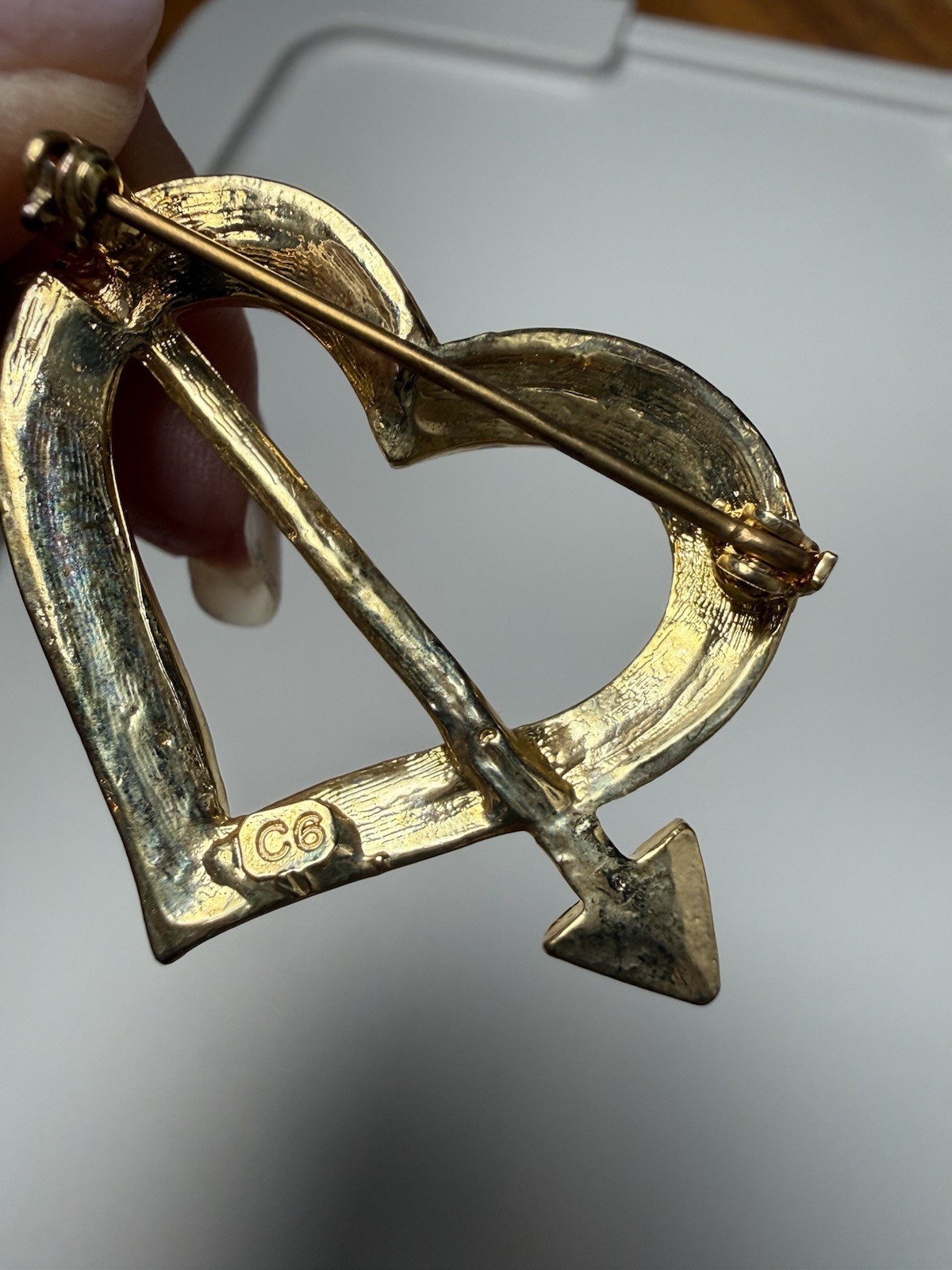 Sparkling Heart Brooch Ruby Red and White Arrow Gold Tone Jewelry