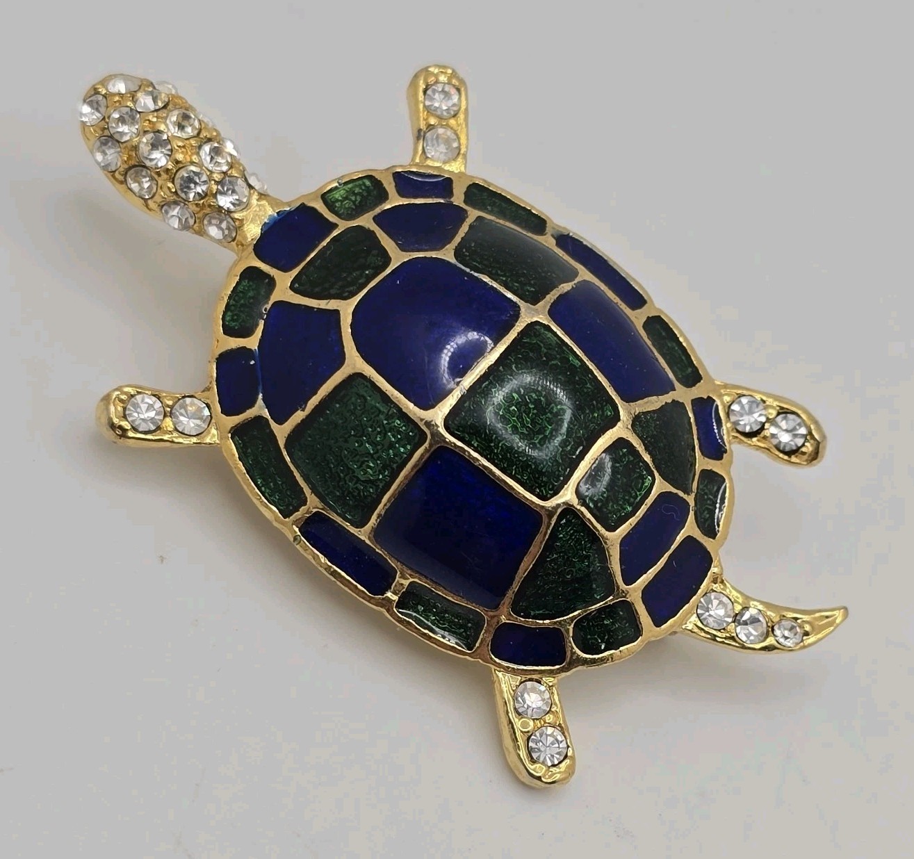 Vintage Turtle Brooch Pin Blue Green Enamel Gold Tone Clear Rhinestones
