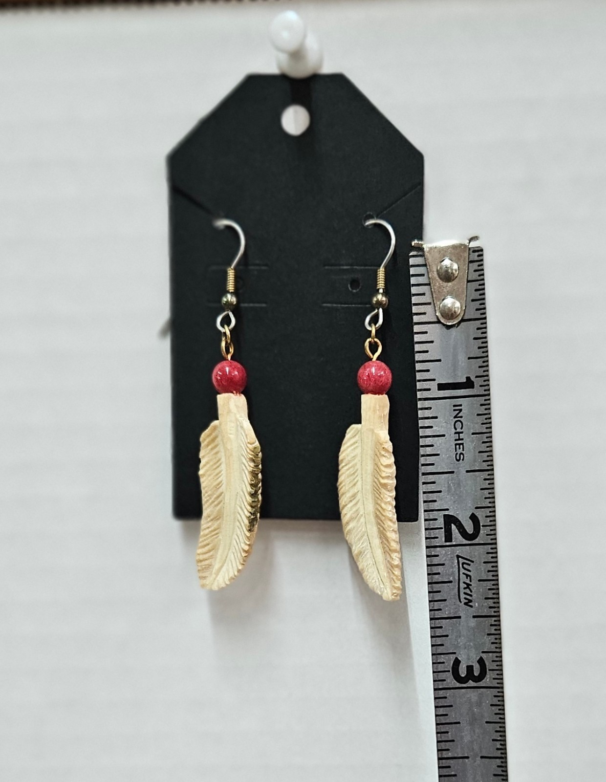 Vintage Carved Buffalo Bone Feathered Dangle Earrings
