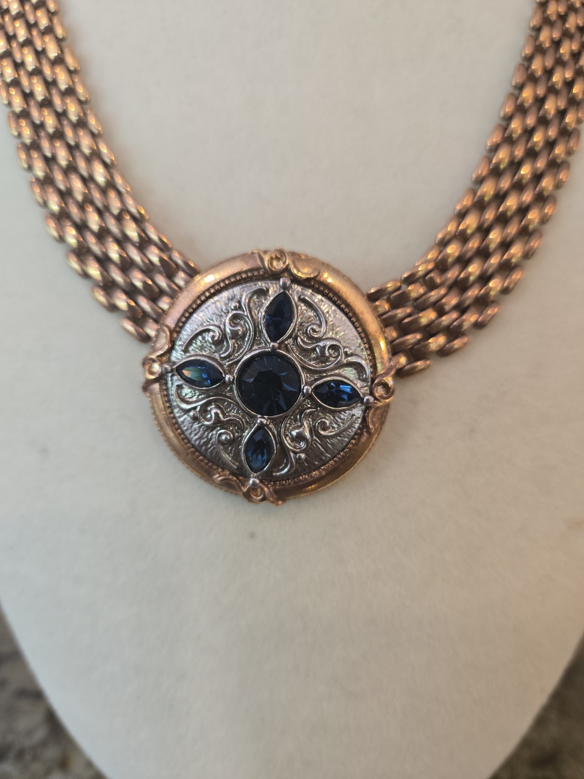 Vintage Victorian Revival Necklace Faux Sapphire Gold Tone