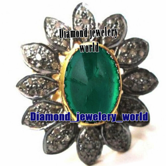 1.88ctw Rose Cut Diamond Emerald Studded Silver Victorian Gorgeous Ring Jewelry