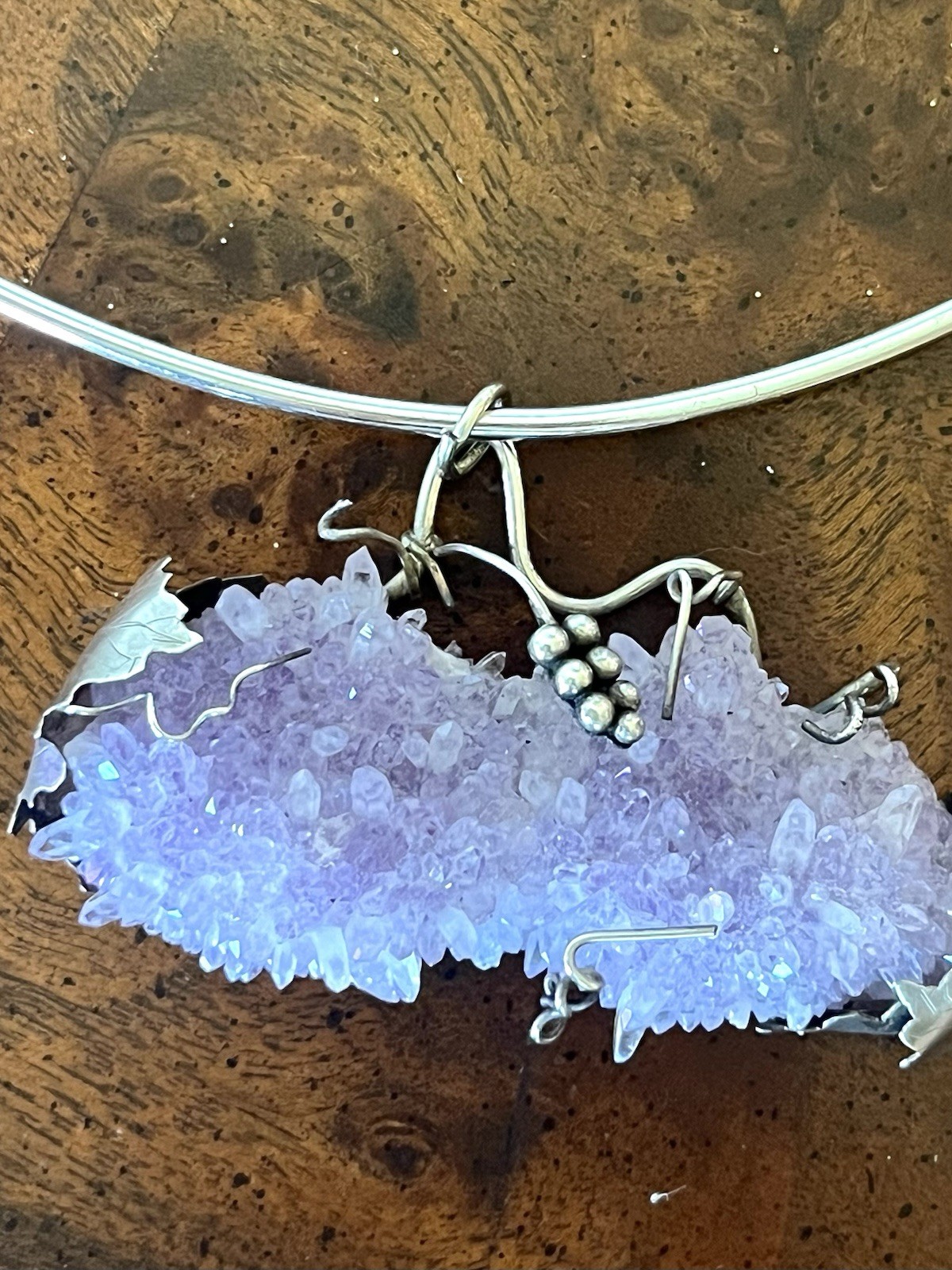 Vtg Arthur King Era MCM Brutalist Sterling Amethyst Druzy Statement Necklace