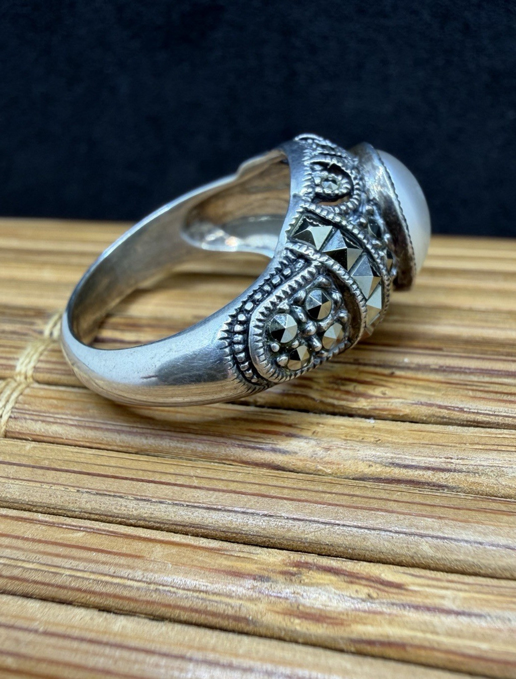 Vintage Judith Jack Sterling Silver Marcasite and Faux Pearl Ring