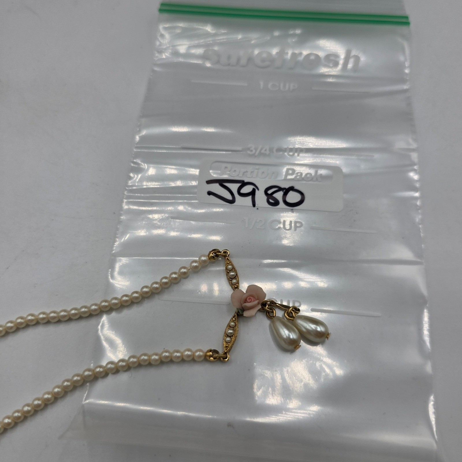 1928 Jewelry Gold Tone Faux Pearl Pink Rose Victorian Revival Drop Necklace 15″